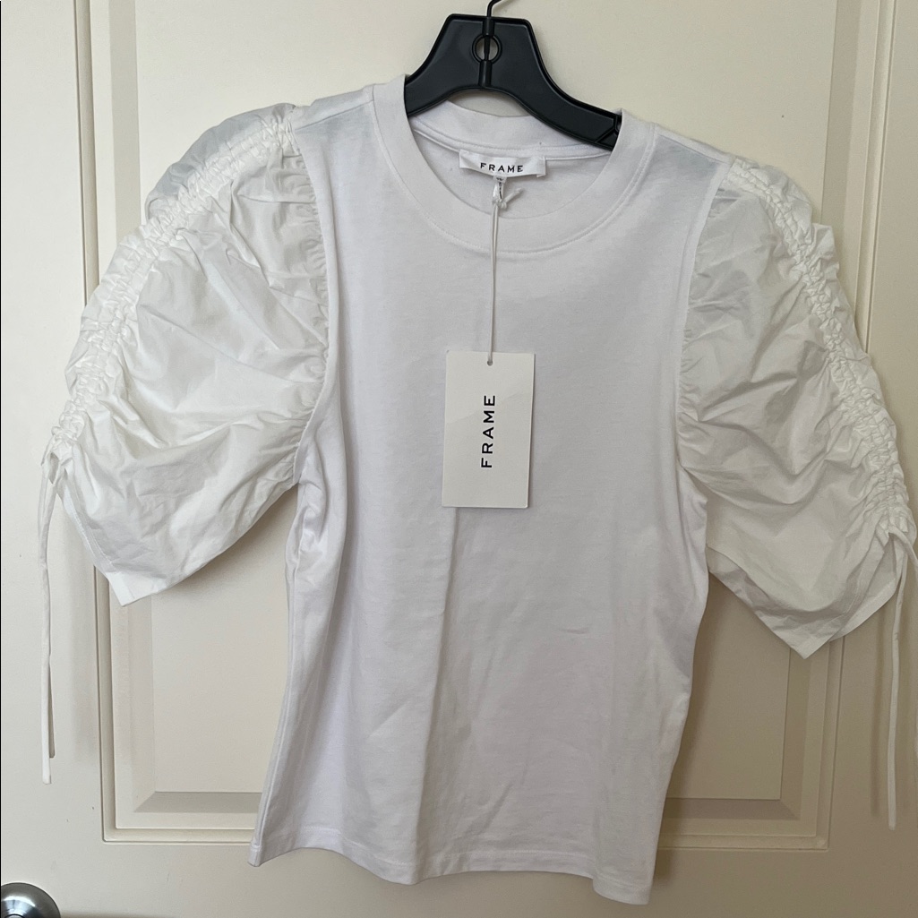 Frame Denim. White Ruched Sleeve Tshirt. Size Xs. Nwt
